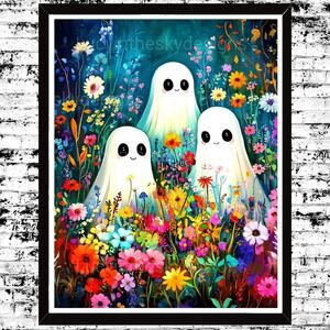 Ghost Trio in Wildflower Field Halloween Decor Whimsical Creepy Cute Art Print